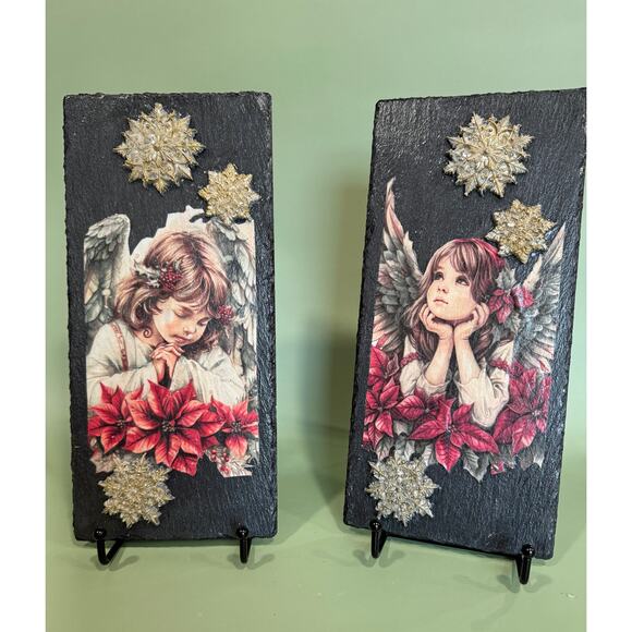 Handcrafted Angel Decoupage on Slate Pair with Stands Christmas Cottagecore - Picture 1 of 6